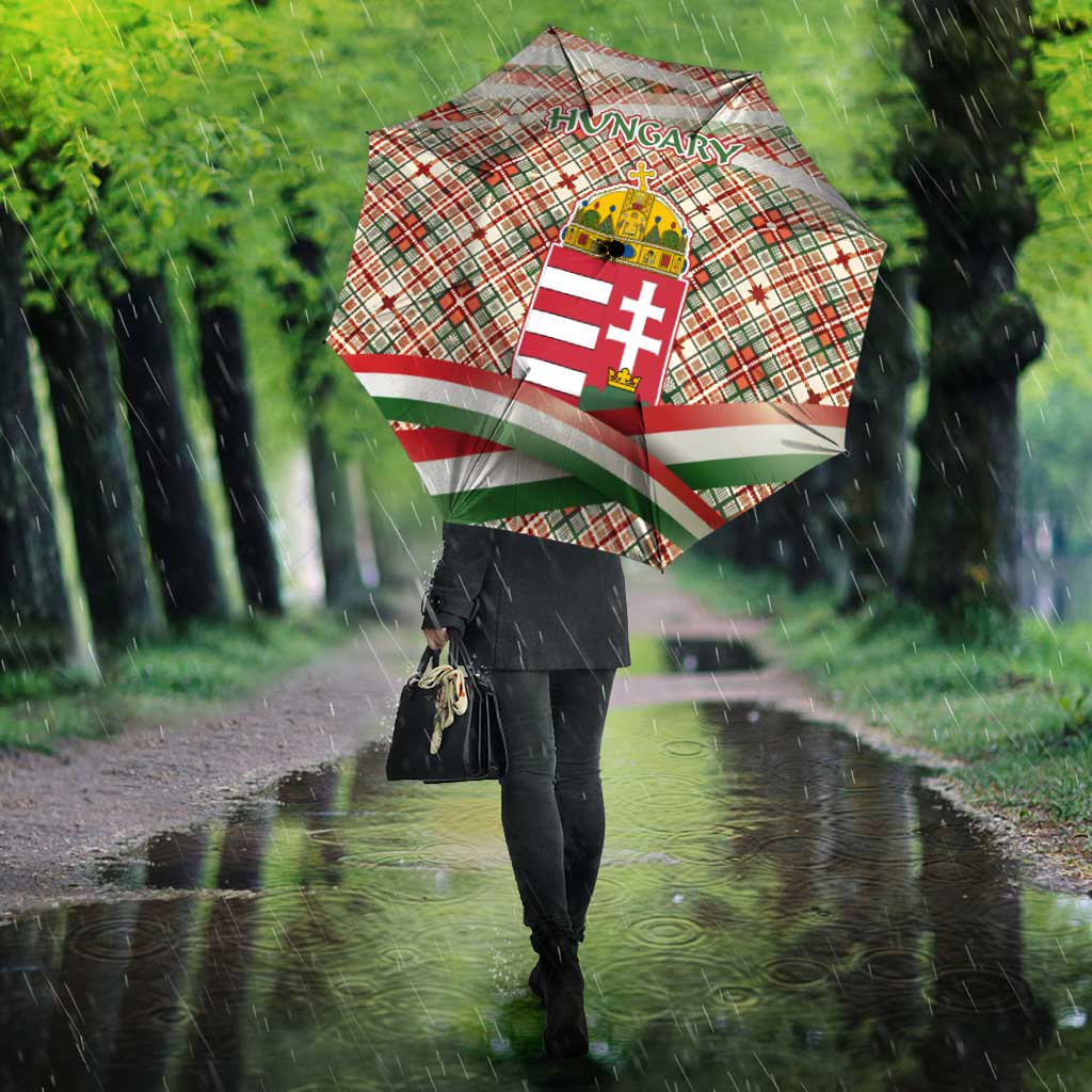 Hungary Christmas Umbrella with Red Green Plaid Pattern Crown and Double Cross Motif - Wonder Print Shop