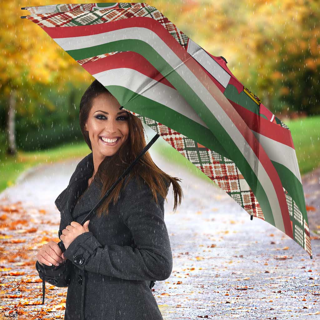 Hungary Christmas Umbrella with Red Green Plaid Pattern Crown and Double Cross Motif - Wonder Print Shop