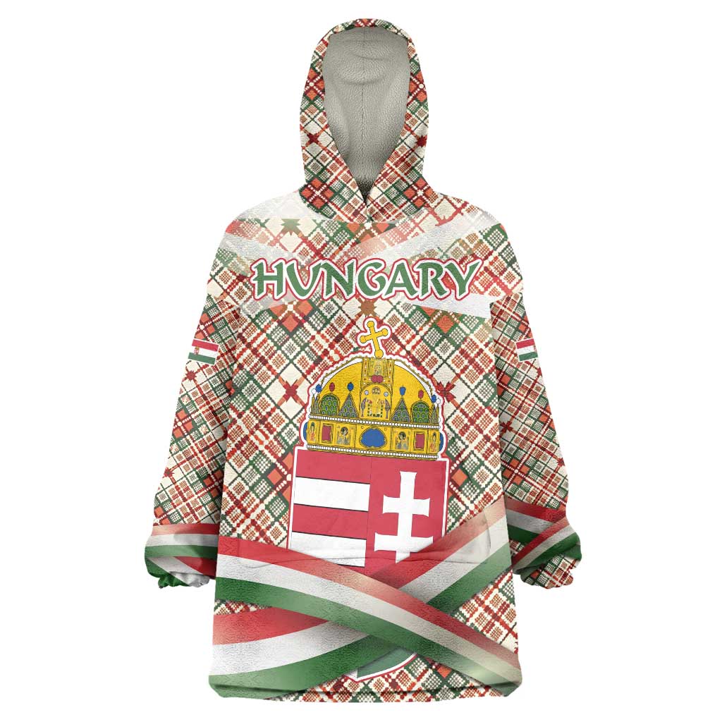 Hungary Christmas Wearable Blanket Hoodie with Red Green Plaid Pattern Crown and Double Cross Motif - Wonder Print Shop