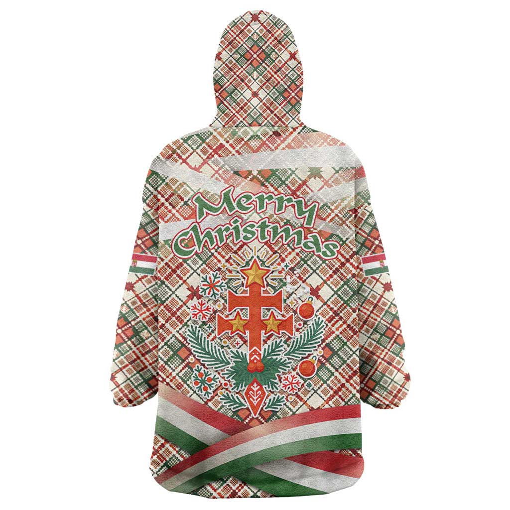 Hungary Christmas Wearable Blanket Hoodie with Red Green Plaid Pattern Crown and Double Cross Motif - Wonder Print Shop
