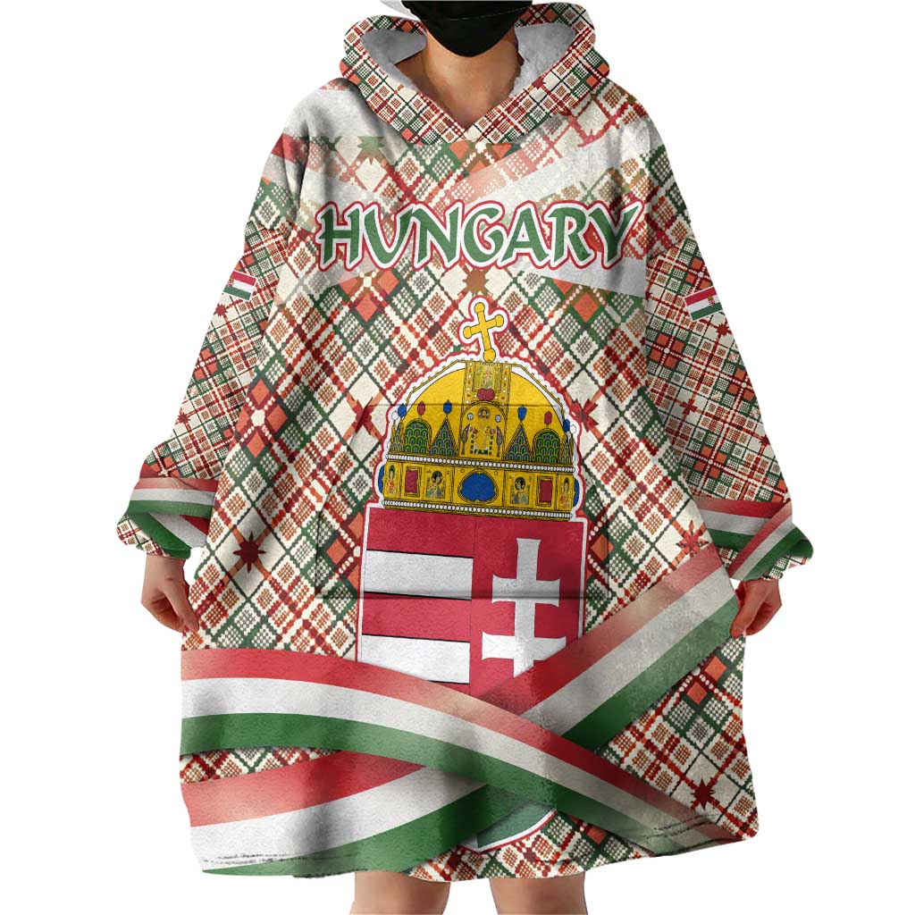 Hungary Christmas Wearable Blanket Hoodie with Red Green Plaid Pattern Crown and Double Cross Motif - Wonder Print Shop