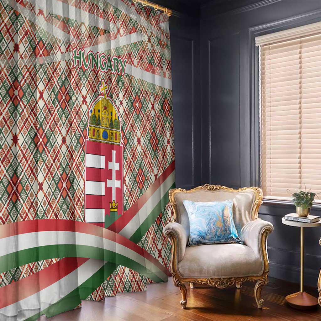 Hungary Christmas Window Curtain with Red Green Plaid Pattern Crown and Double Cross Motif - Wonder Print Shop