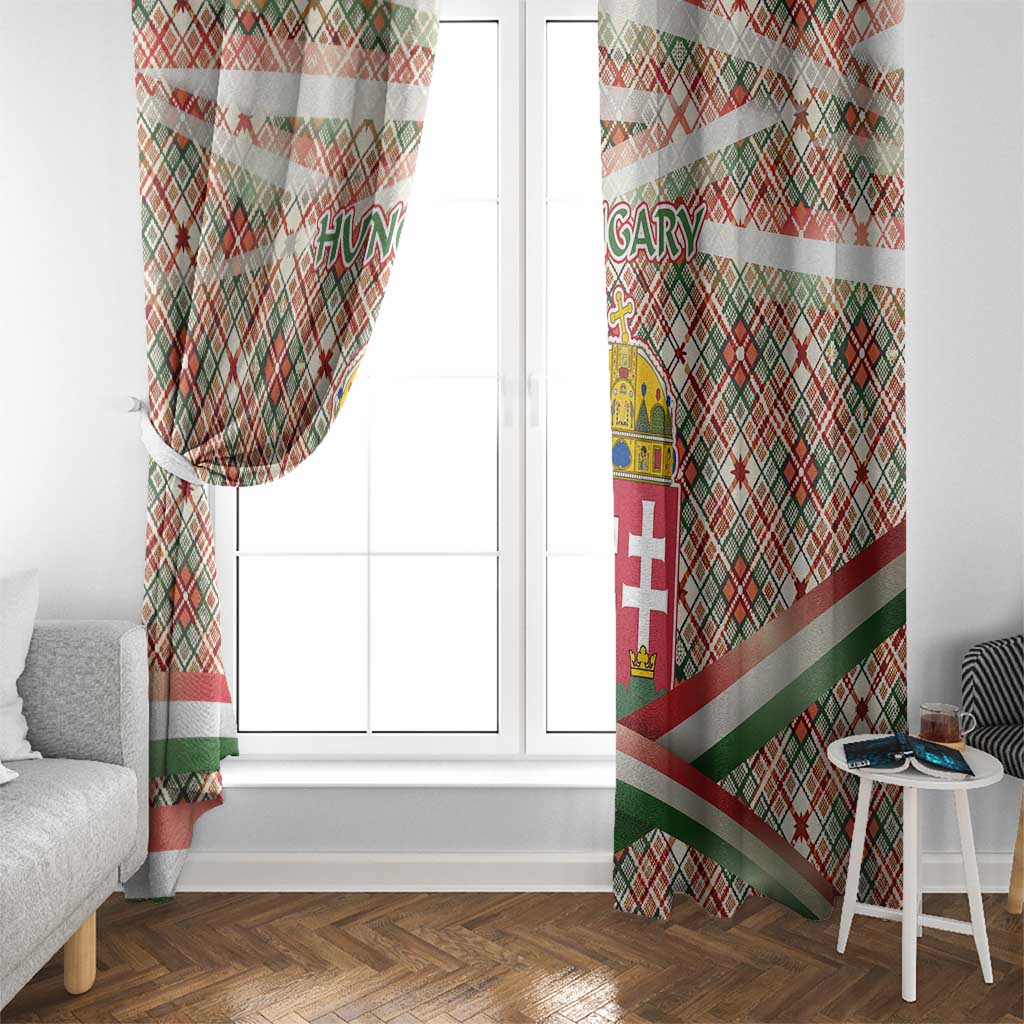 Hungary Christmas Window Curtain with Red Green Plaid Pattern Crown and Double Cross Motif - Wonder Print Shop
