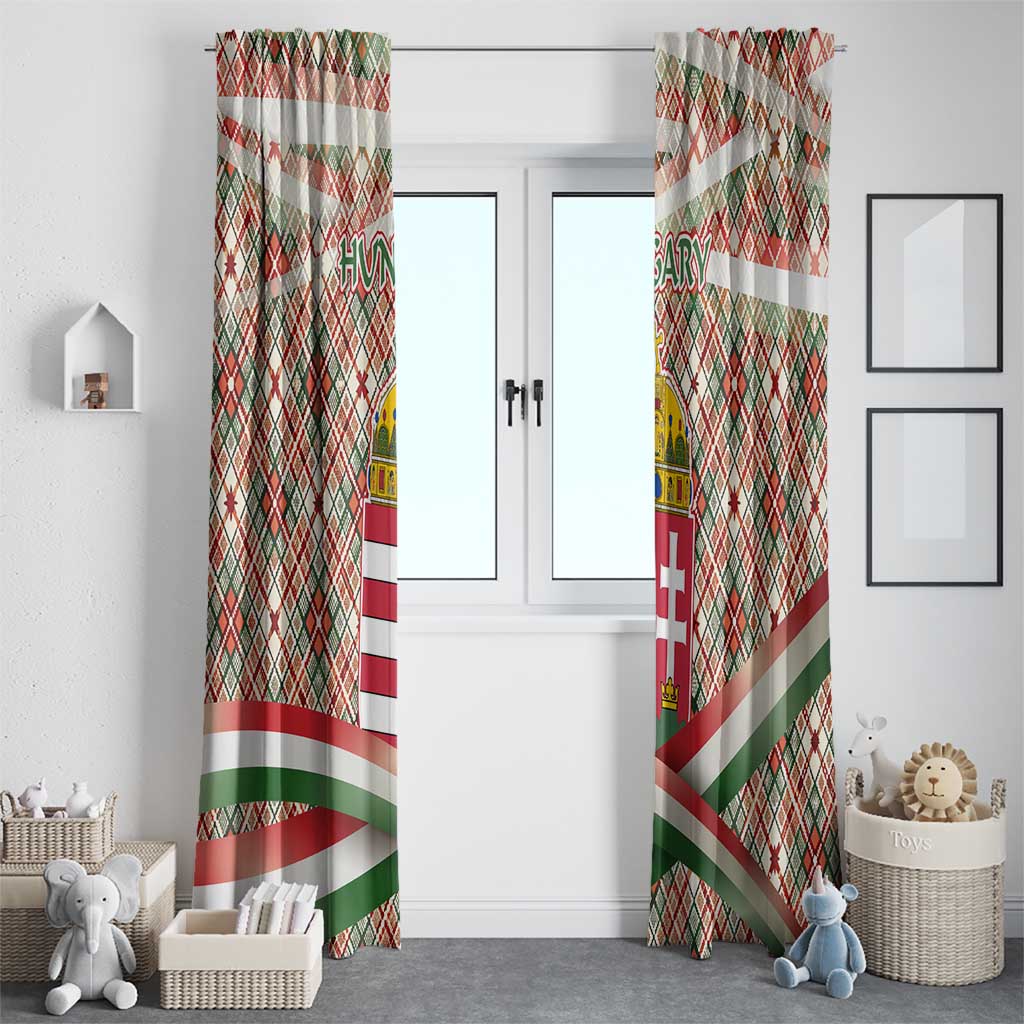 Hungary Christmas Window Curtain with Red Green Plaid Pattern Crown and Double Cross Motif - Wonder Print Shop