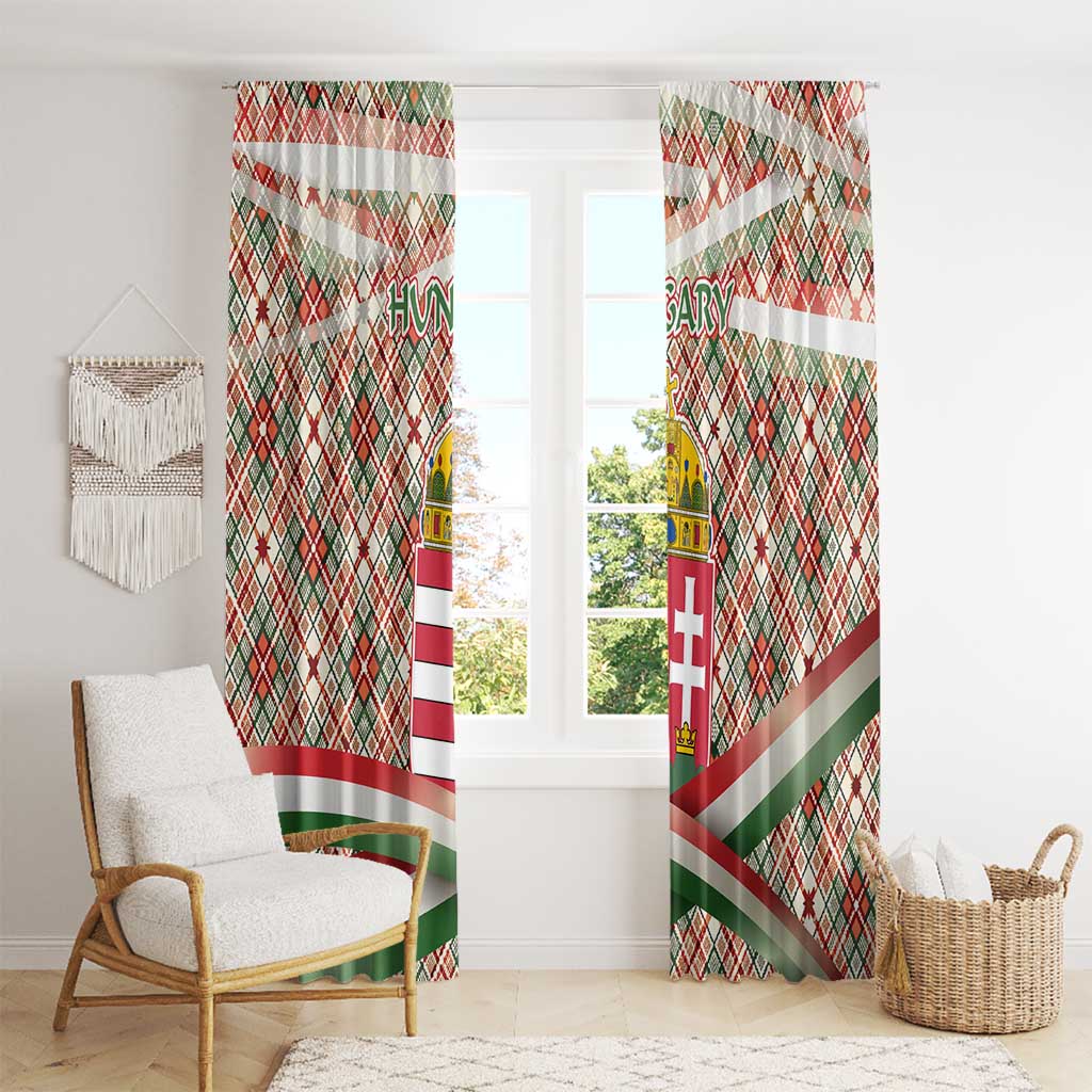 Hungary Christmas Window Curtain with Red Green Plaid Pattern Crown and Double Cross Motif - Wonder Print Shop