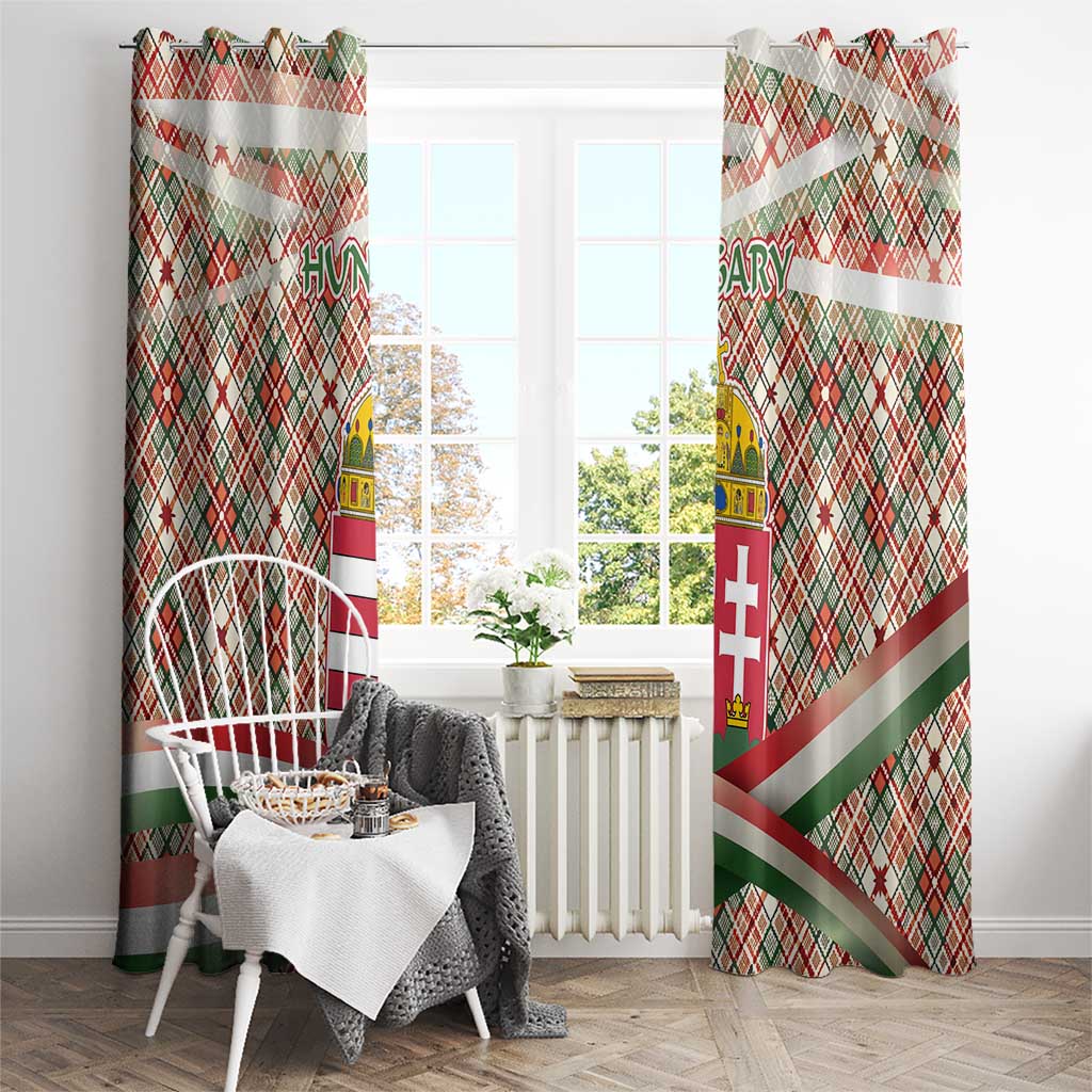 Hungary Christmas Window Curtain with Red Green Plaid Pattern Crown and Double Cross Motif - Wonder Print Shop