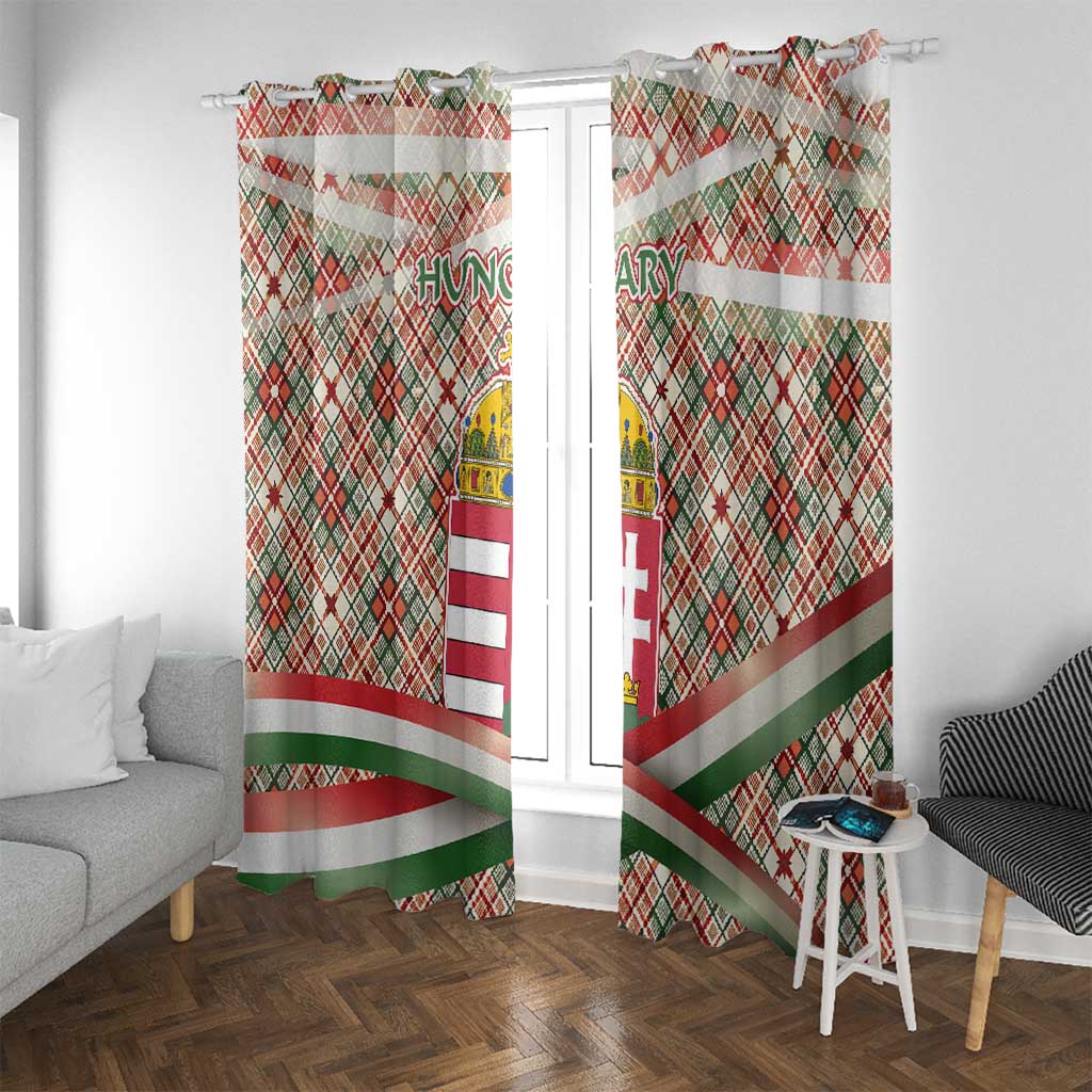 Hungary Christmas Window Curtain with Red Green Plaid Pattern Crown and Double Cross Motif - Wonder Print Shop