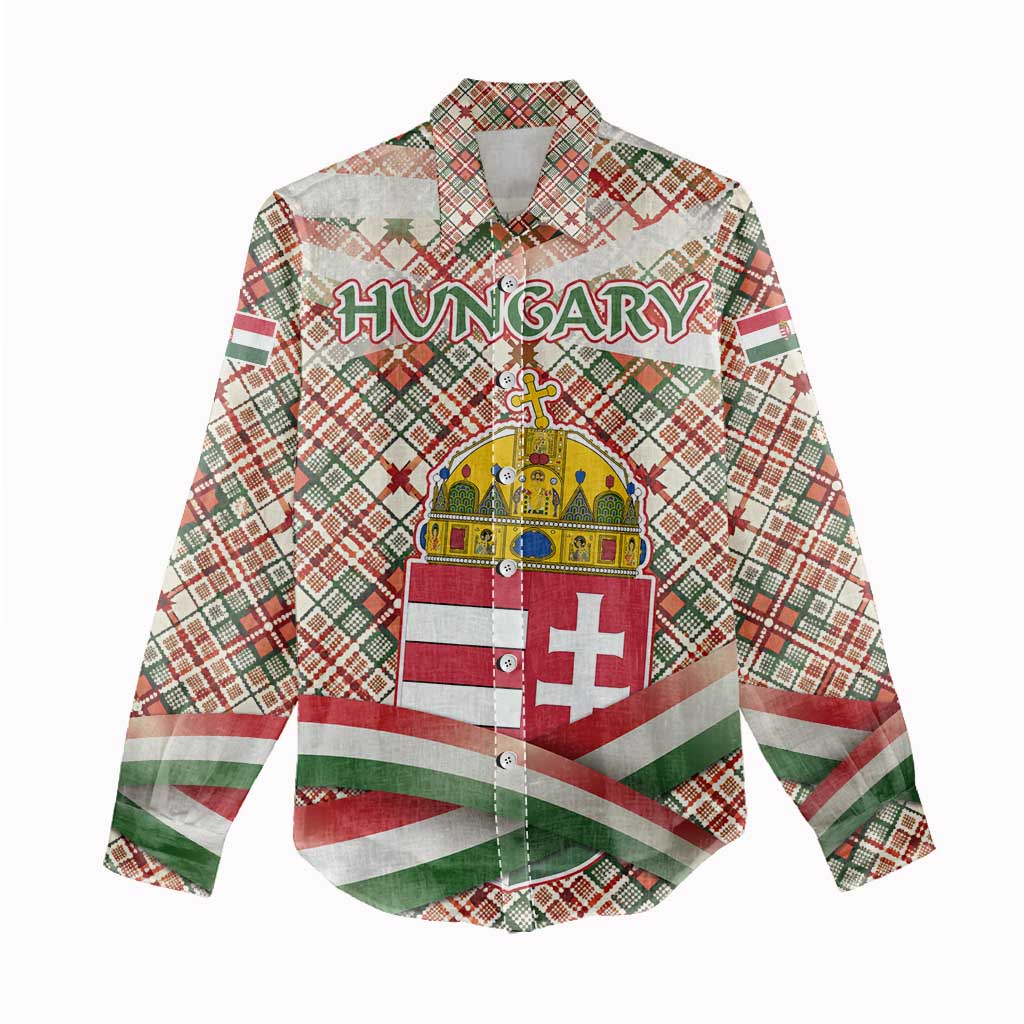 Hungary Christmas Women Casual Shirt with Red Green Plaid Pattern Crown and Double Cross Motif - Wonder Print Shop