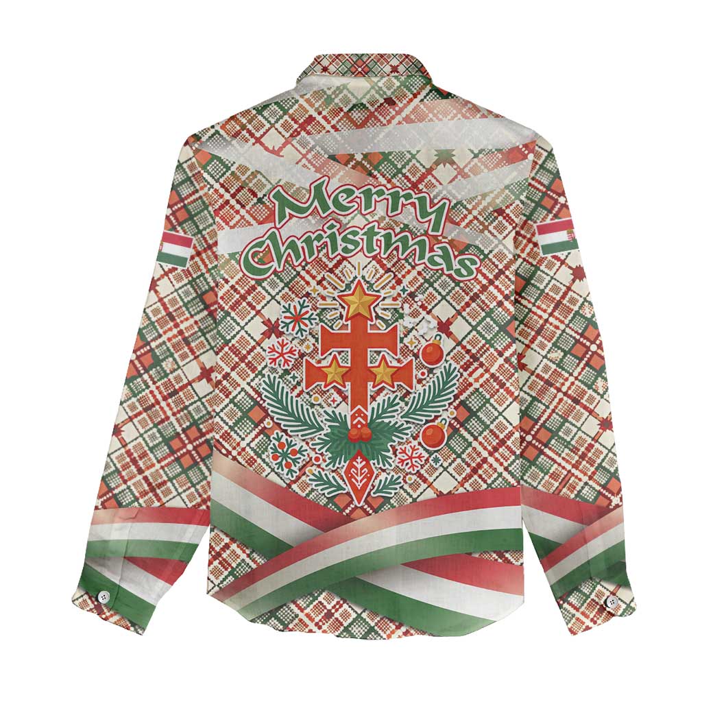 Hungary Christmas Women Casual Shirt with Red Green Plaid Pattern Crown and Double Cross Motif - Wonder Print Shop