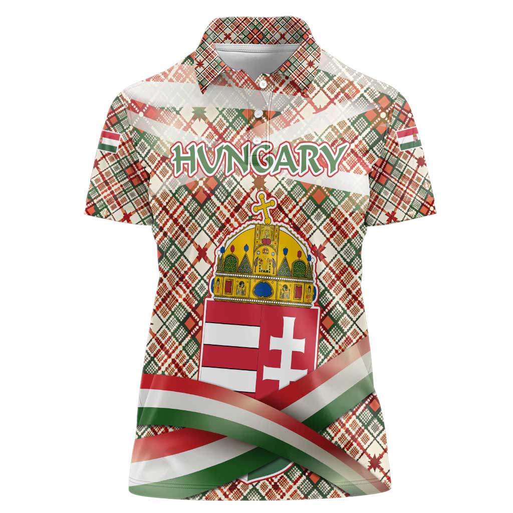 Hungary Christmas Women Polo Shirt with Red Green Plaid Pattern Crown and Double Cross Motif - Wonder Print Shop