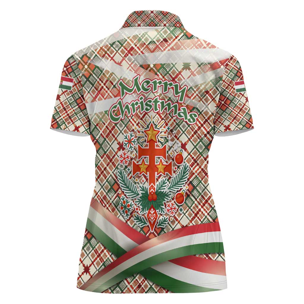 Hungary Christmas Women Polo Shirt with Red Green Plaid Pattern Crown and Double Cross Motif - Wonder Print Shop