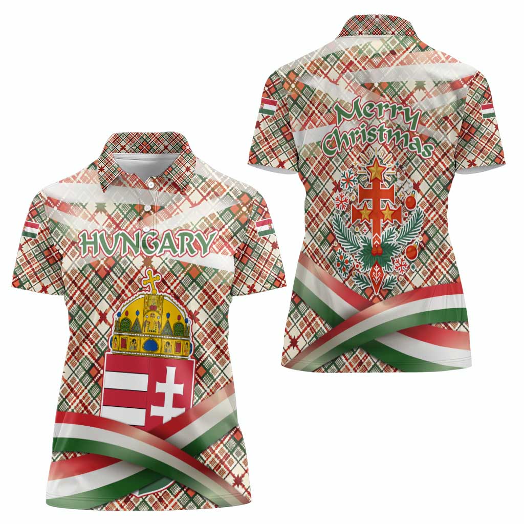 Hungary Christmas Women Polo Shirt with Red Green Plaid Pattern Crown and Double Cross Motif - Wonder Print Shop