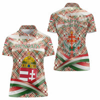 Hungary Christmas Women Polo Shirt with Red Green Plaid Pattern Crown and Double Cross Motif - Wonder Print Shop