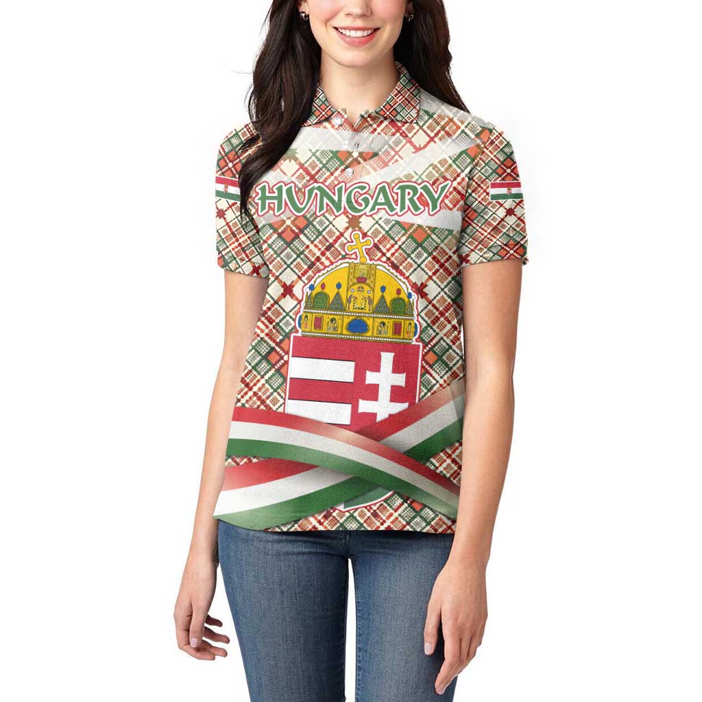 Hungary Christmas Women Polo Shirt with Red Green Plaid Pattern Crown and Double Cross Motif - Wonder Print Shop