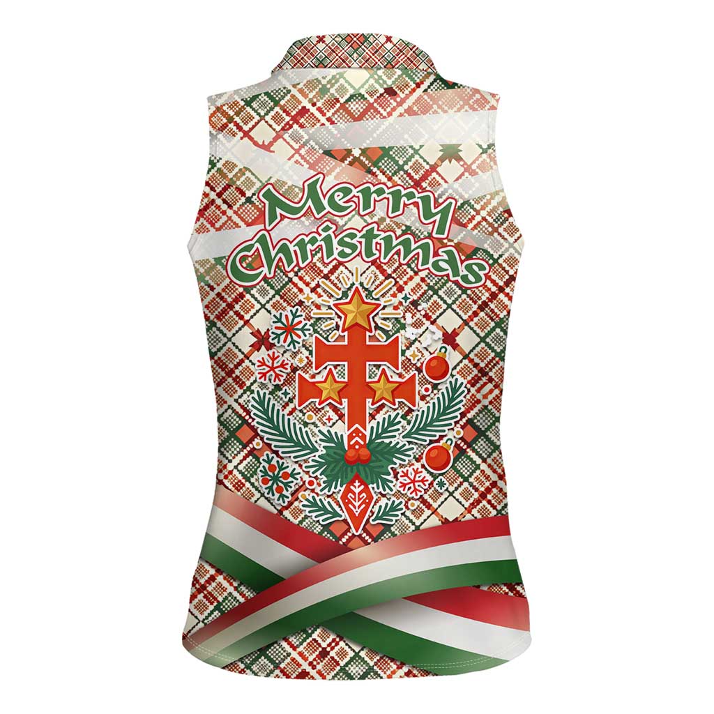 Hungary Christmas Women Sleeveless Polo Shirt with Red Green Plaid Pattern Crown and Double Cross Motif - Wonder Print Shop