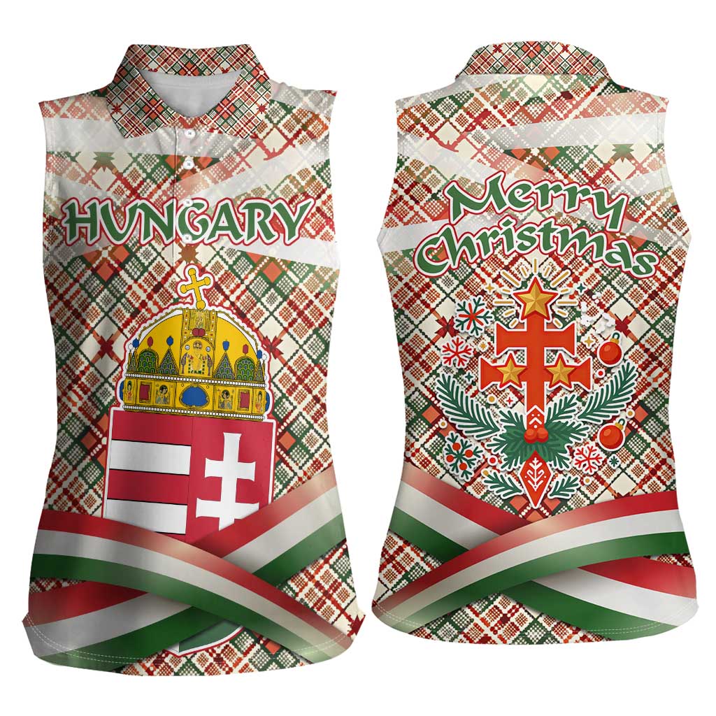Hungary Christmas Women Sleeveless Polo Shirt with Red Green Plaid Pattern Crown and Double Cross Motif - Wonder Print Shop