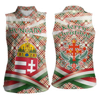Hungary Christmas Women Sleeveless Polo Shirt with Red Green Plaid Pattern Crown and Double Cross Motif - Wonder Print Shop