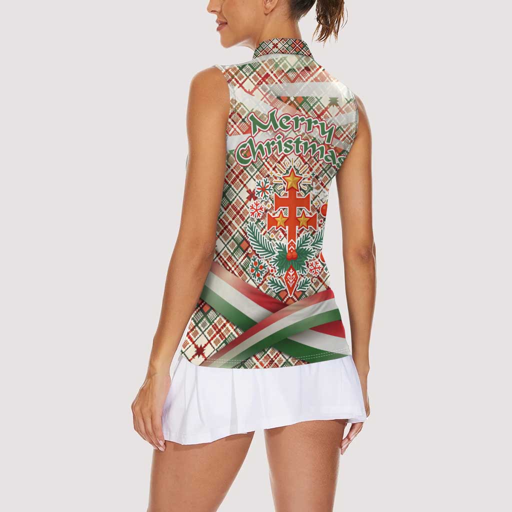 Hungary Christmas Women Sleeveless Polo Shirt with Red Green Plaid Pattern Crown and Double Cross Motif - Wonder Print Shop