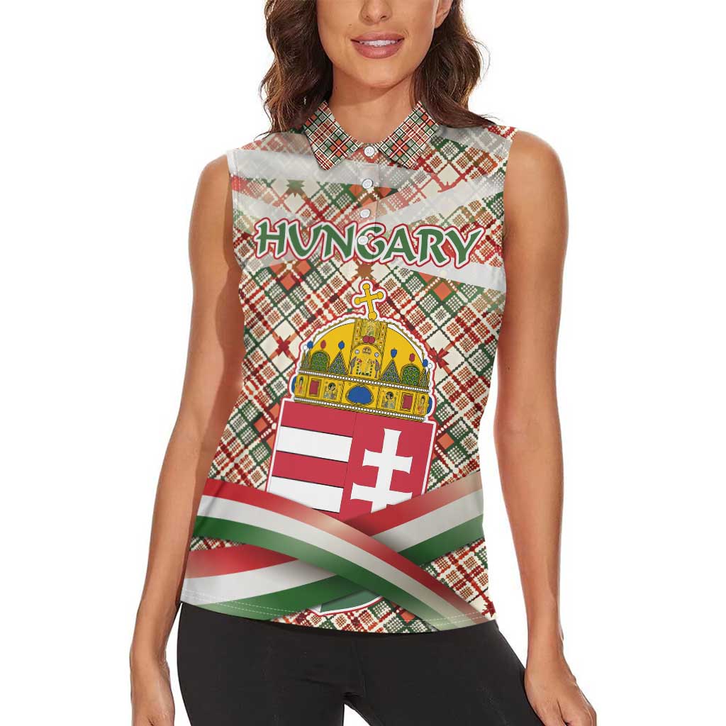 Hungary Christmas Women Sleeveless Polo Shirt with Red Green Plaid Pattern Crown and Double Cross Motif - Wonder Print Shop