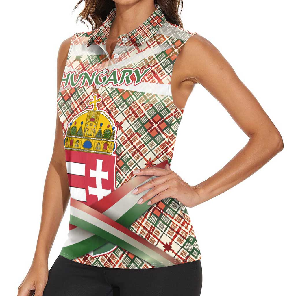 Hungary Christmas Women Sleeveless Polo Shirt with Red Green Plaid Pattern Crown and Double Cross Motif - Wonder Print Shop