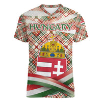 Hungary Christmas Women V-Neck T-Shirt with Red Green Plaid Pattern Crown and Double Cross Motif - Wonder Print Shop