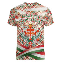 Hungary Christmas Women V-Neck T-Shirt with Red Green Plaid Pattern Crown and Double Cross Motif - Wonder Print Shop
