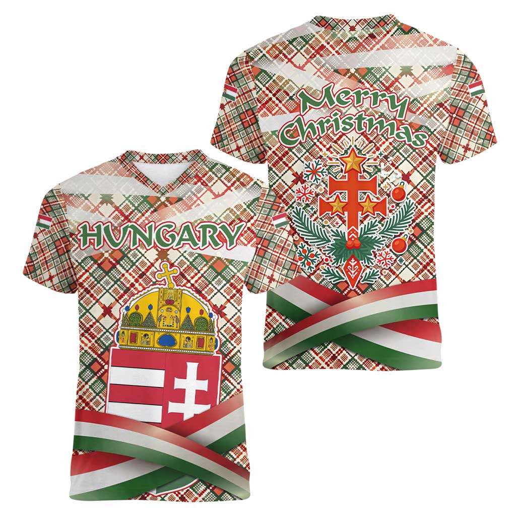 Hungary Christmas Women V-Neck T-Shirt with Red Green Plaid Pattern Crown and Double Cross Motif - Wonder Print Shop