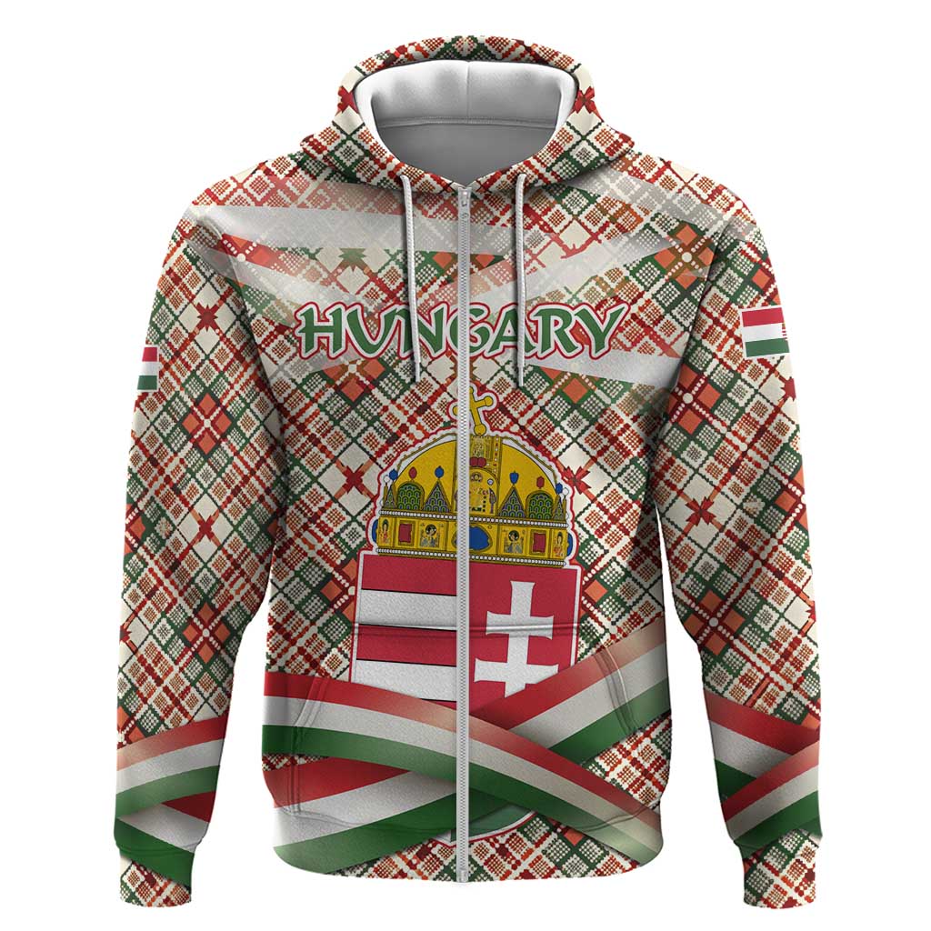 Hungary Christmas Zip Hoodie with Red Green Plaid Pattern Crown and Double Cross Motif - Wonder Print Shop