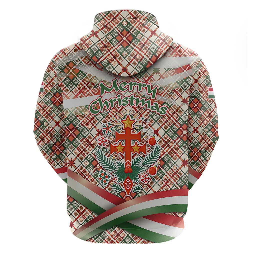 Hungary Christmas Zip Hoodie with Red Green Plaid Pattern Crown and Double Cross Motif - Wonder Print Shop