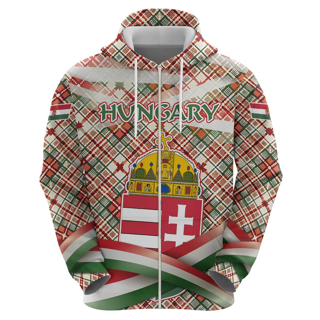 Hungary Christmas Zip Hoodie with Red Green Plaid Pattern Crown and Double Cross Motif - Wonder Print Shop