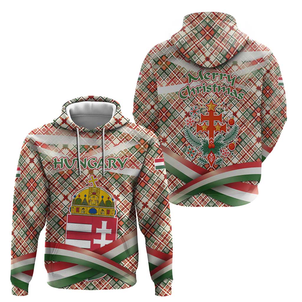 Hungary Christmas Zip Hoodie with Red Green Plaid Pattern Crown and Double Cross Motif - Wonder Print Shop