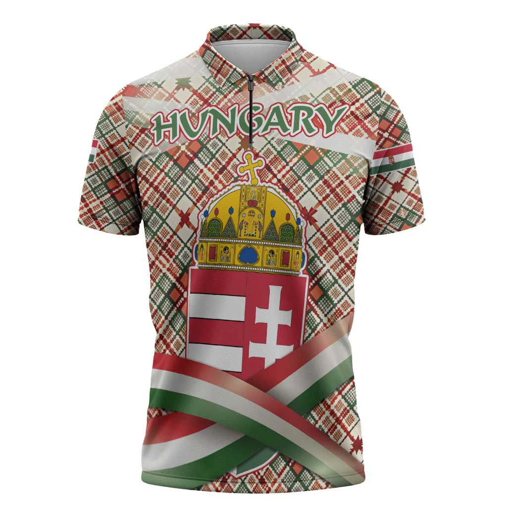 Hungary Christmas Zipper Polo Shirt with Red Green Plaid Pattern Crown and Double Cross Motif - Wonder Print Shop