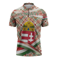 Hungary Christmas Zipper Polo Shirt with Red Green Plaid Pattern Crown and Double Cross Motif - Wonder Print Shop