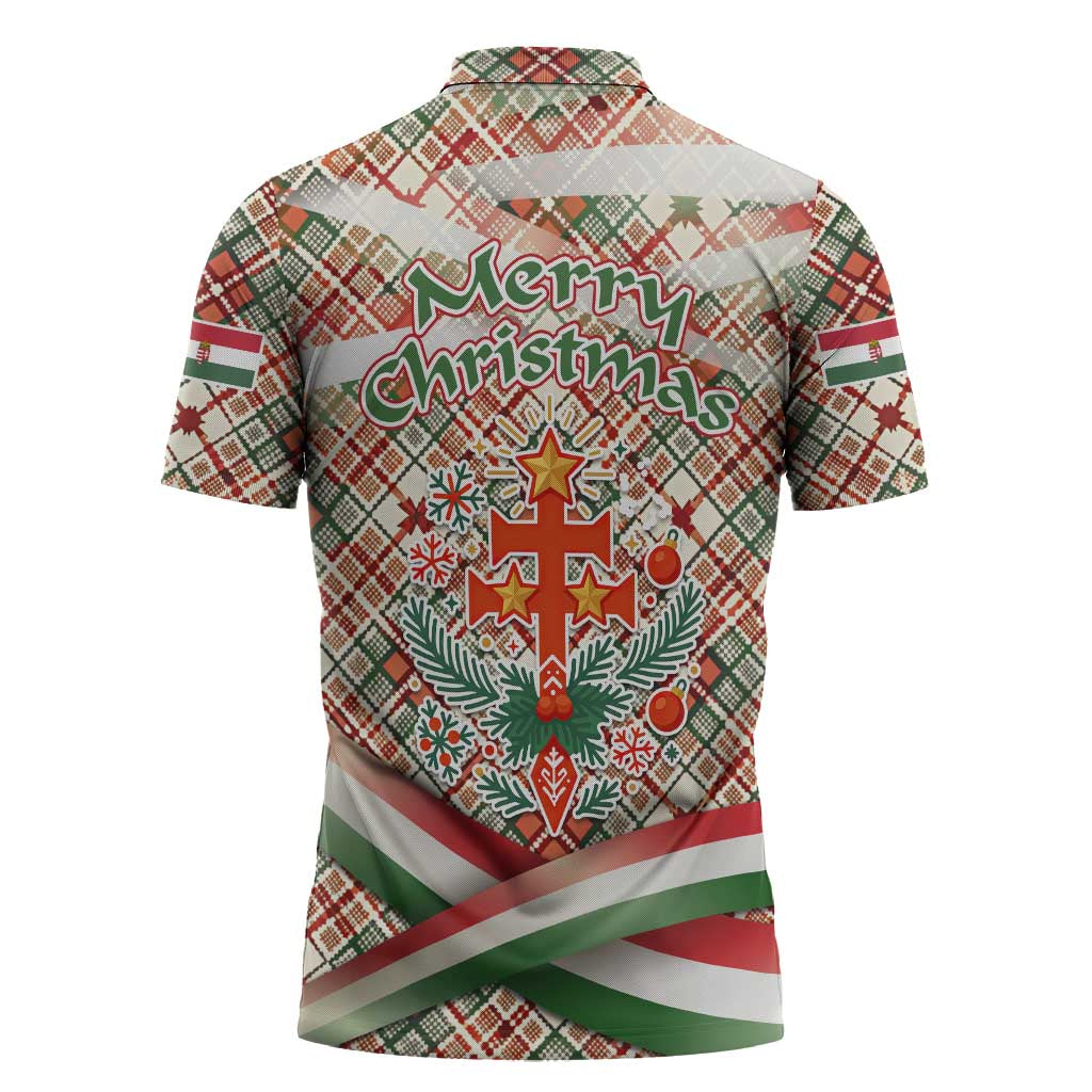Hungary Christmas Zipper Polo Shirt with Red Green Plaid Pattern Crown and Double Cross Motif - Wonder Print Shop