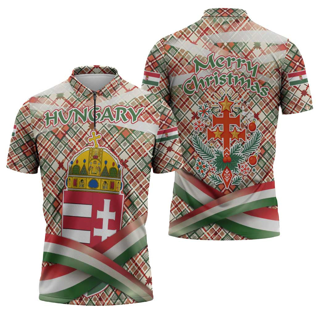 Hungary Christmas Zipper Polo Shirt with Red Green Plaid Pattern Crown and Double Cross Motif - Wonder Print Shop