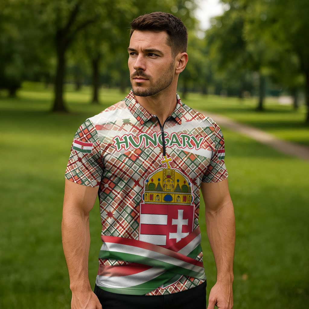Hungary Christmas Zipper Polo Shirt with Red Green Plaid Pattern Crown and Double Cross Motif - Wonder Print Shop