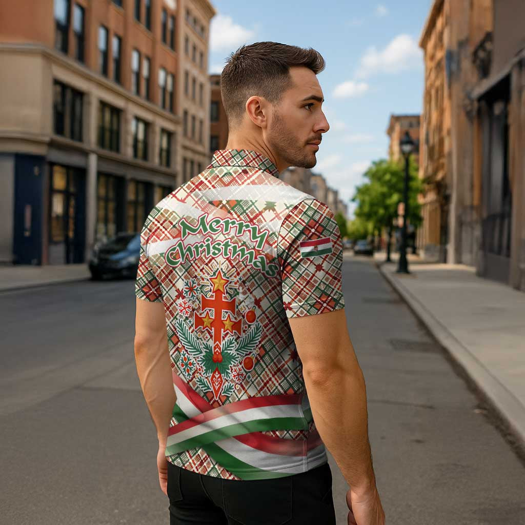 Hungary Christmas Zipper Polo Shirt with Red Green Plaid Pattern Crown and Double Cross Motif - Wonder Print Shop