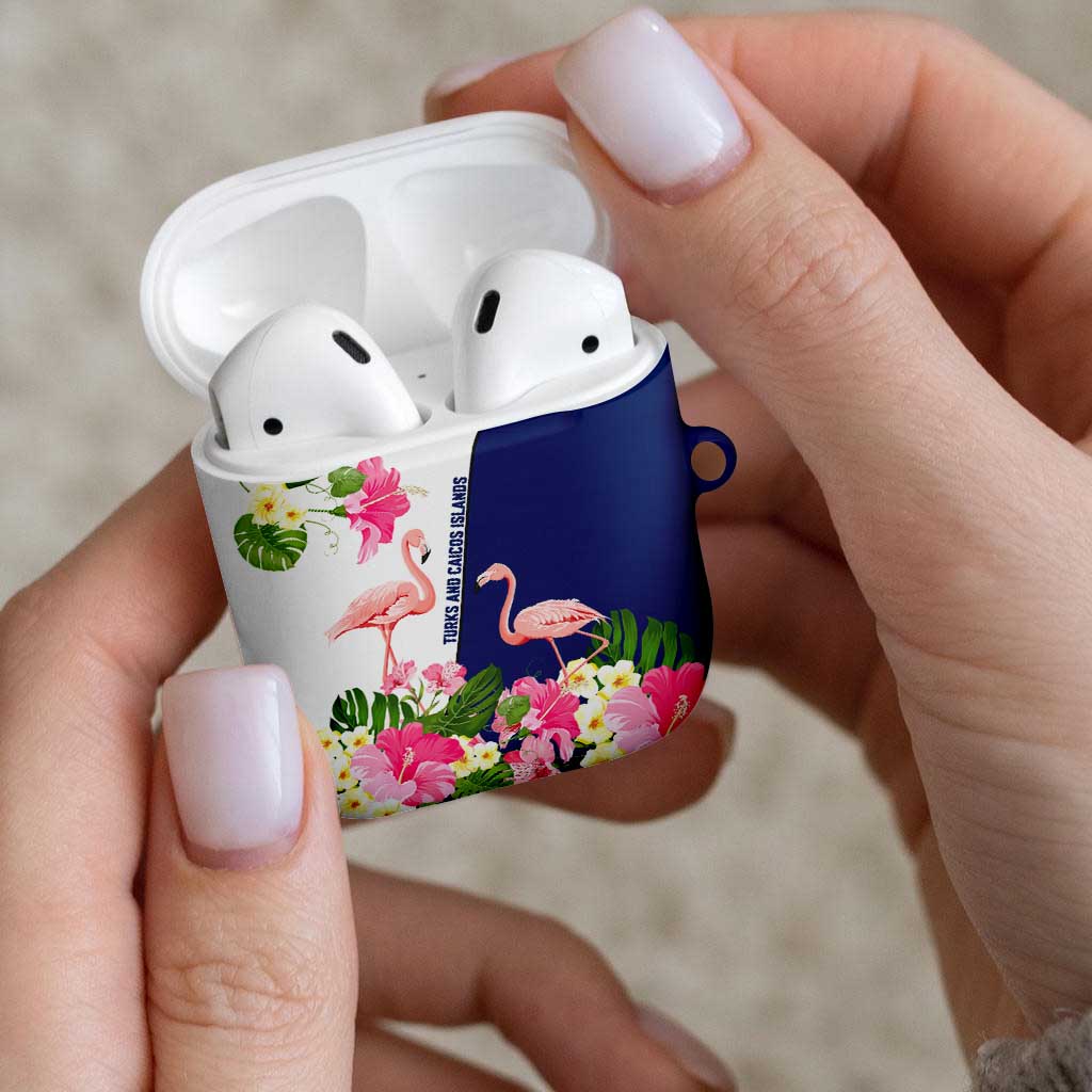 Turks and Caicos Islands AirPods Case with Flamingos Floral Pattern and National Crest Design - Wonder Print Shop