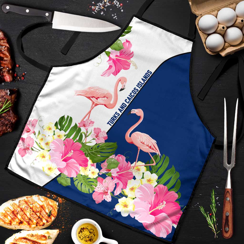 Turks and Caicos Islands Apron with Flamingos Floral Pattern and National Crest Design - Wonder Print Shop