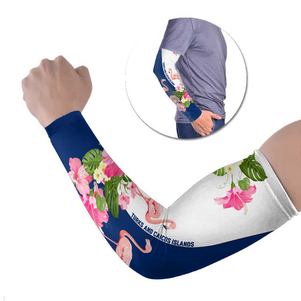 Turks and Caicos Islands Arm Sleeves with Flamingos Floral Pattern and National Crest Design - Wonder Print Shop