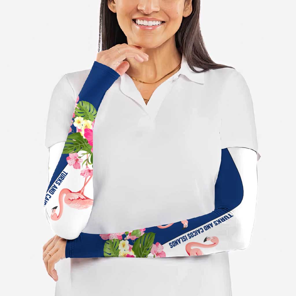 Turks and Caicos Islands Arm Sleeves with Flamingos Floral Pattern and National Crest Design - Wonder Print Shop
