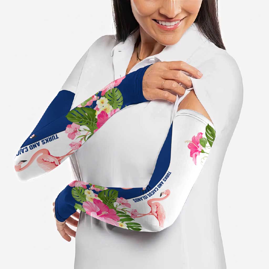 Turks and Caicos Islands Arm Sleeves with Flamingos Floral Pattern and National Crest Design - Wonder Print Shop