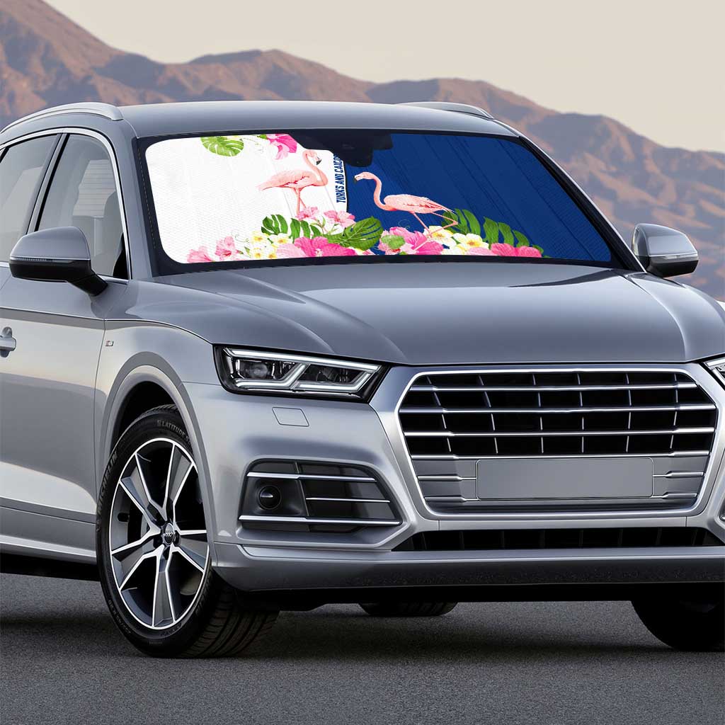 Turks and Caicos Islands Auto Sun Shade with Flamingos Floral Pattern and National Crest Design - Wonder Print Shop