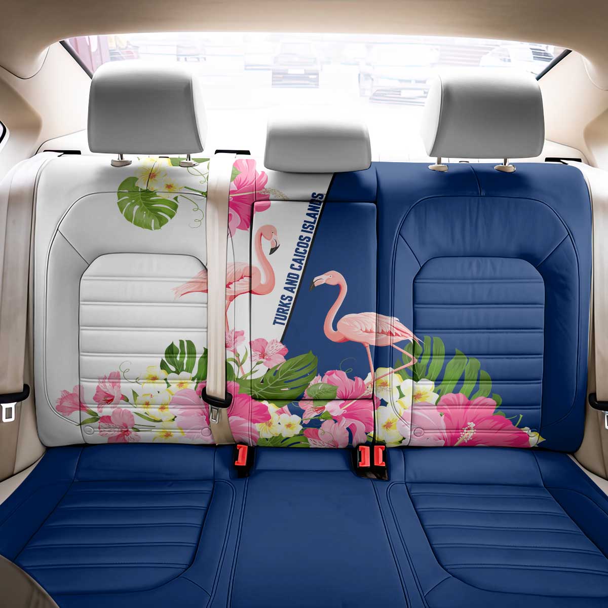 Turks and Caicos Islands Back Car Seat Cover with Flamingos Floral Pattern and National Crest Design - Wonder Print Shop