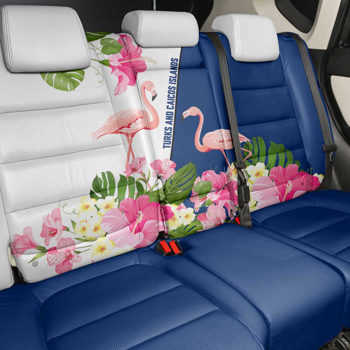 Turks and Caicos Islands Back Car Seat Cover with Flamingos Floral Pattern and National Crest Design - Wonder Print Shop