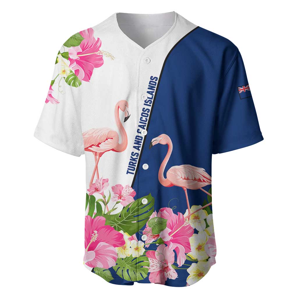 Turks and Caicos Islands Baseball Jersey with Flamingos Floral Pattern and National Crest Design - Wonder Print Shop