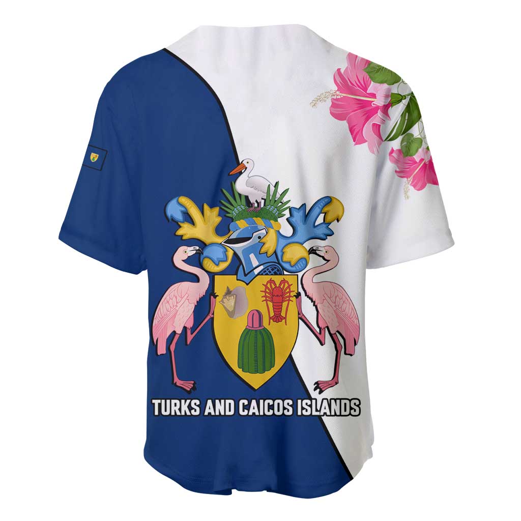 Turks and Caicos Islands Baseball Jersey with Flamingos Floral Pattern and National Crest Design - Wonder Print Shop