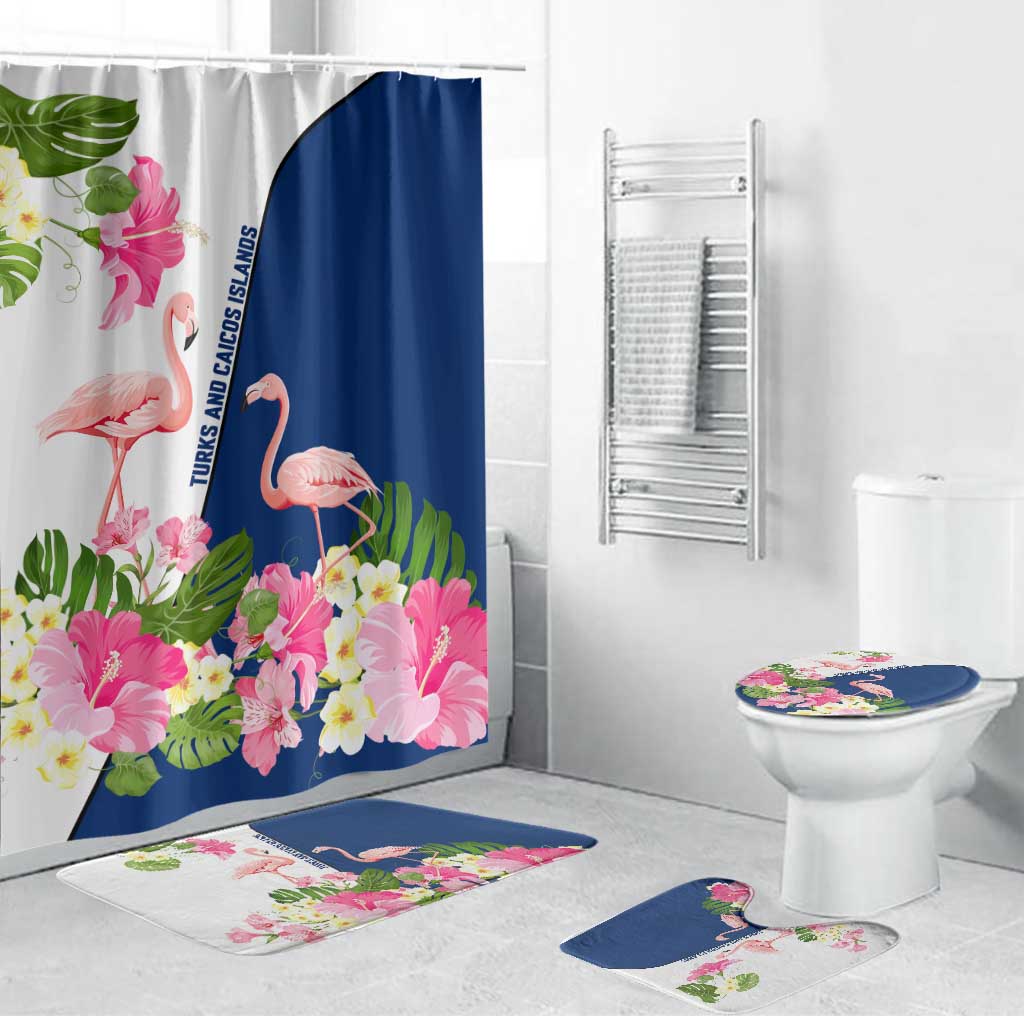 Turks and Caicos Islands Bathroom Set with Flamingos Floral Pattern and National Crest Design - Wonder Print Shop
