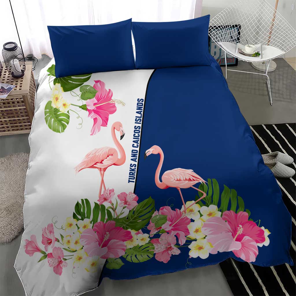 Turks and Caicos Islands Bedding Set with Flamingos Floral Pattern and National Crest Design - Wonder Print Shop