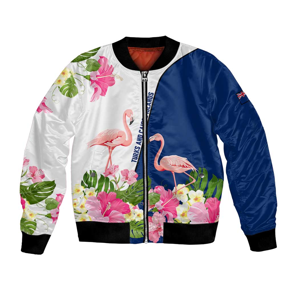 Turks and Caicos Islands Bomber Jacket with Flamingos Floral Pattern and National Crest Design - Wonder Print Shop